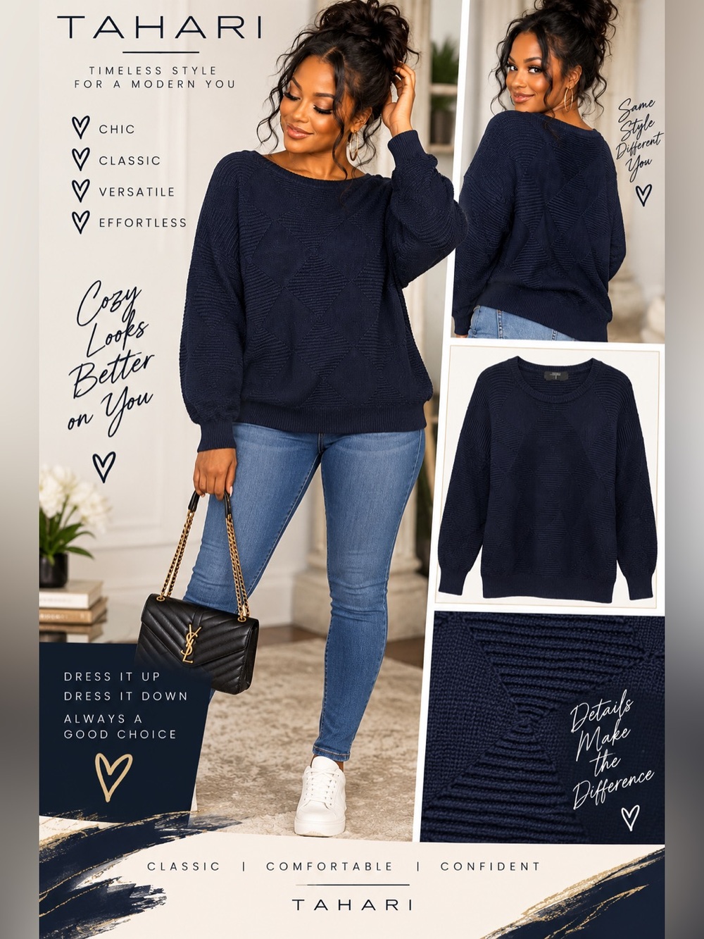 Tahari Navy Diamond-Textured Boatneck Sweater size XL